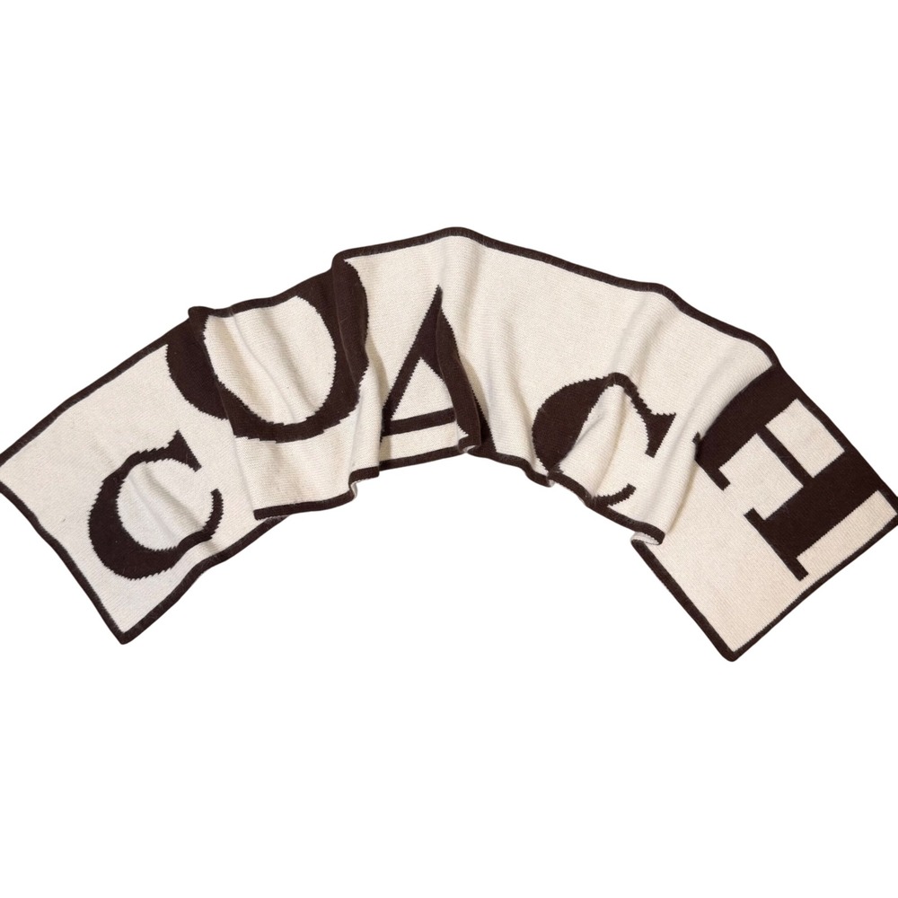 Coach Reversible Y2K Logo Cashmere Wool Angora Scarf Vintage Brown Cream Neutral